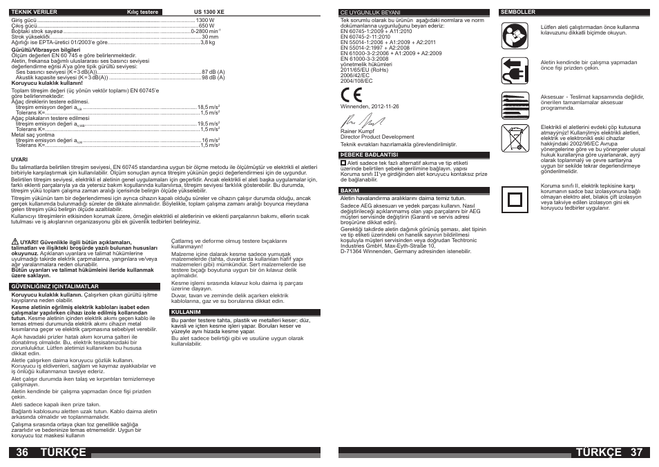 Türkçe | AEG US 1300 XE User Manual | Page 19 / 35