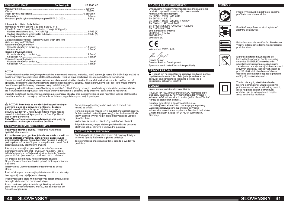 Slovensky | AEG US 1300 XE User Manual | Page 21 / 35