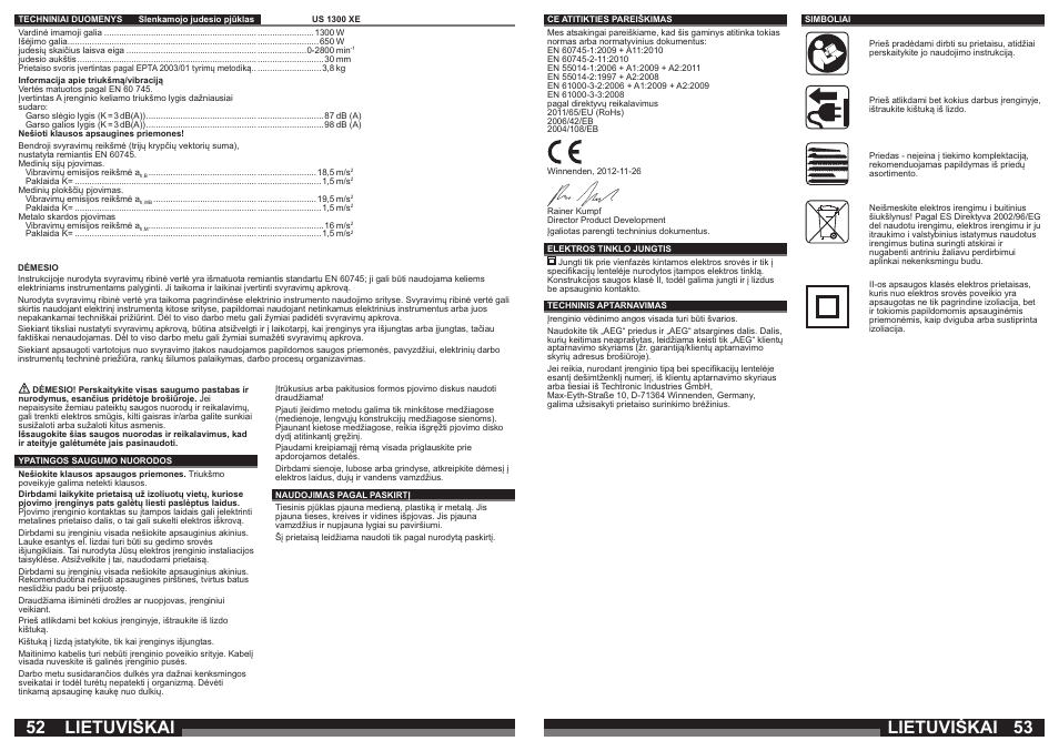 Lietuviškai | AEG US 1300 XE User Manual | Page 27 / 35