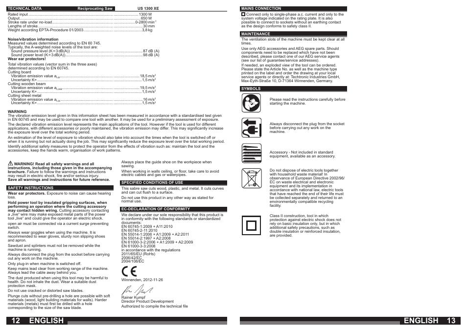 English | AEG US 1300 XE User Manual | Page 7 / 35