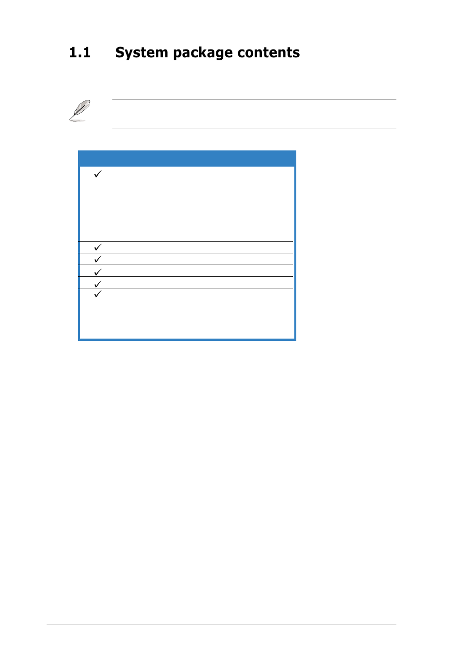 1 system package contents | Asus AP1600R-E2 User Manual | Page 12 / 96