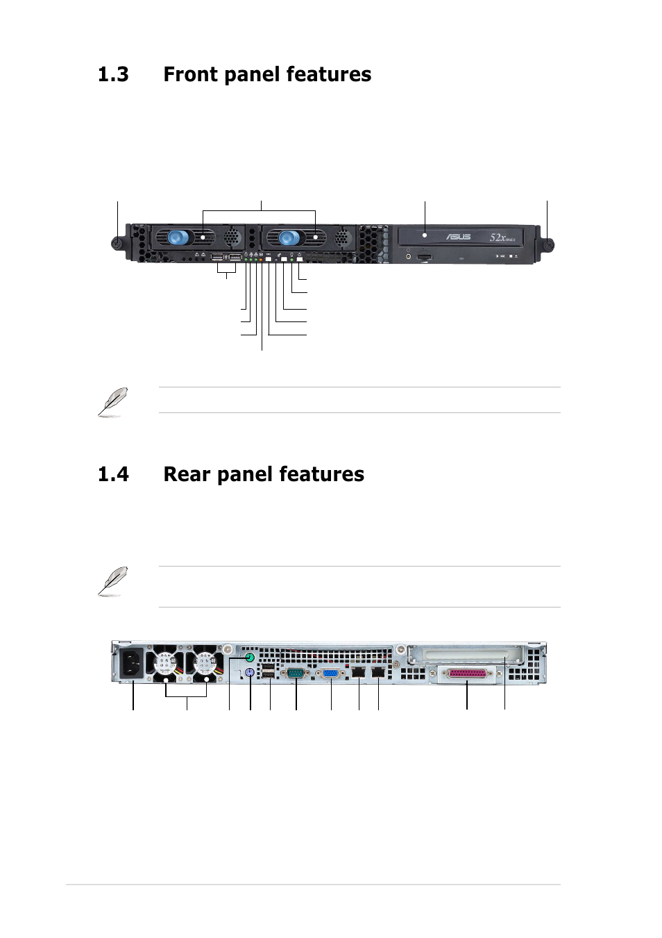 4 rear panel features, 3 front panel features | Asus AP1600R-E2 User Manual | Page 14 / 96