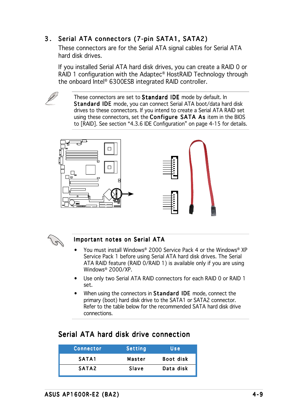 Serial ata hard disk drive connection, Hostraid technology through the onboard intel, 6300esb integrated raid controller | Asus AP1600R-E2 User Manual | Page 51 / 96