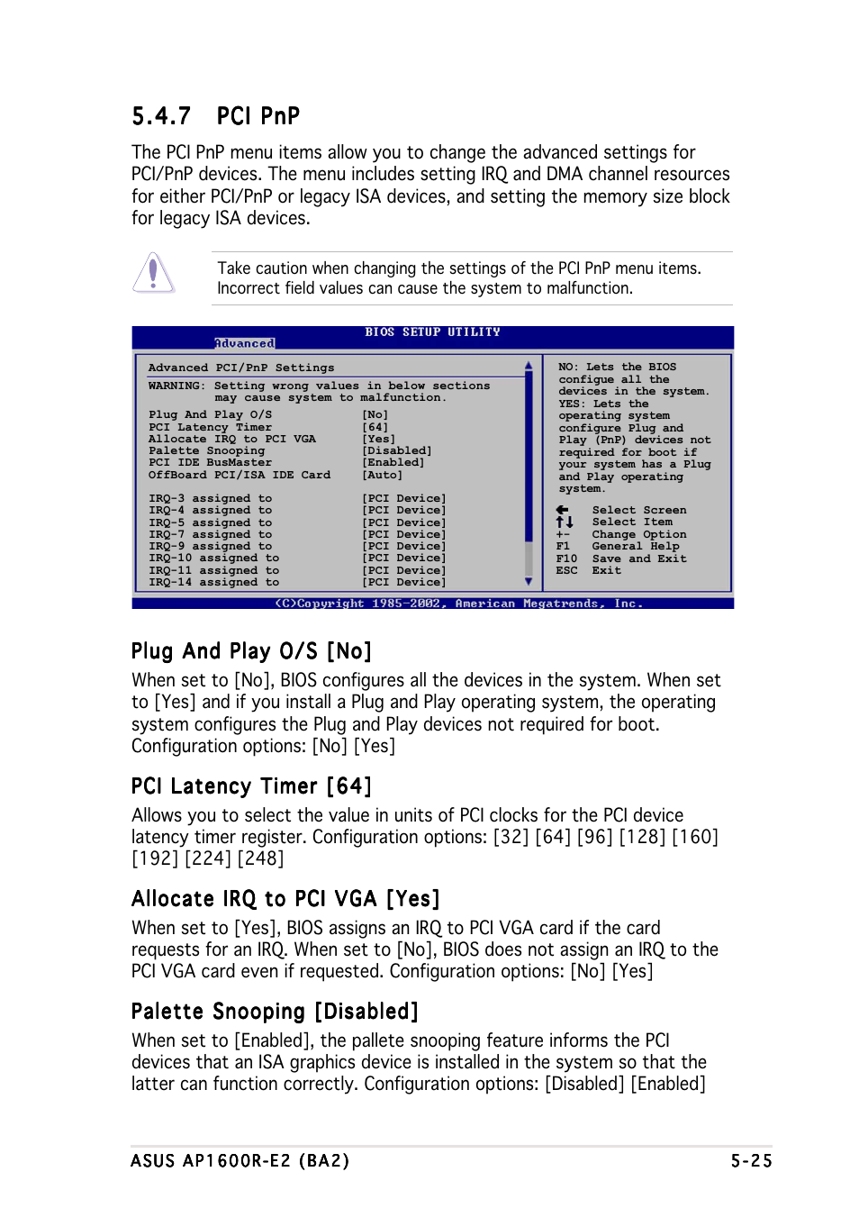 7 pci pnp pci pnp pci pnp pci pnp pci pnp, Plug and play o/s [no, Pci latency timer [64 | Allocate irq to pci vga [yes, Palette snooping [disabled | Asus AP1600R-E2 User Manual | Page 83 / 96