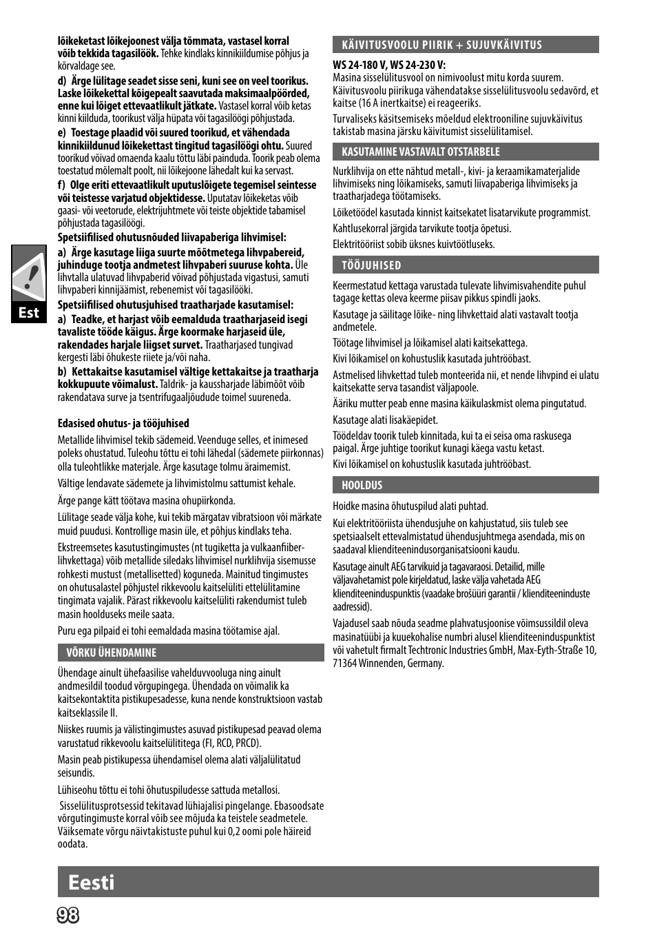 Deutsch, Eesti | AEG WS 24-180 User Manual | Page 100 / 126