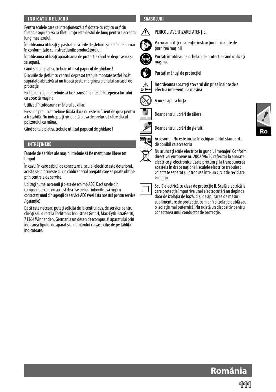 Deutsch, Romănia | AEG WS 24-180 User Manual | Page 113 / 126