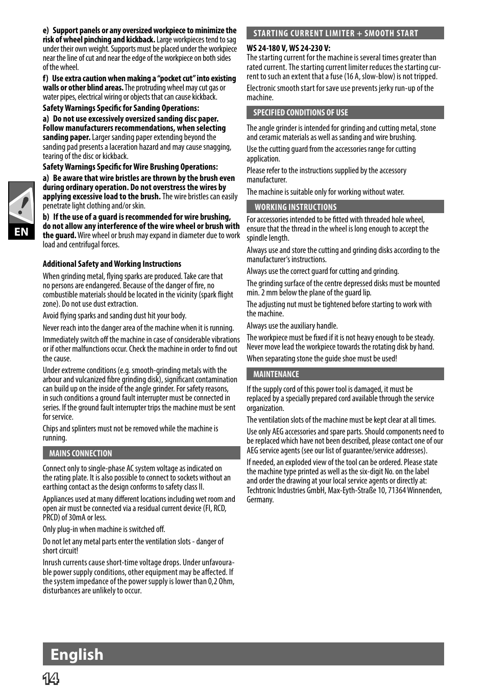 Deutsch, English | AEG WS 24-180 User Manual | Page 16 / 126