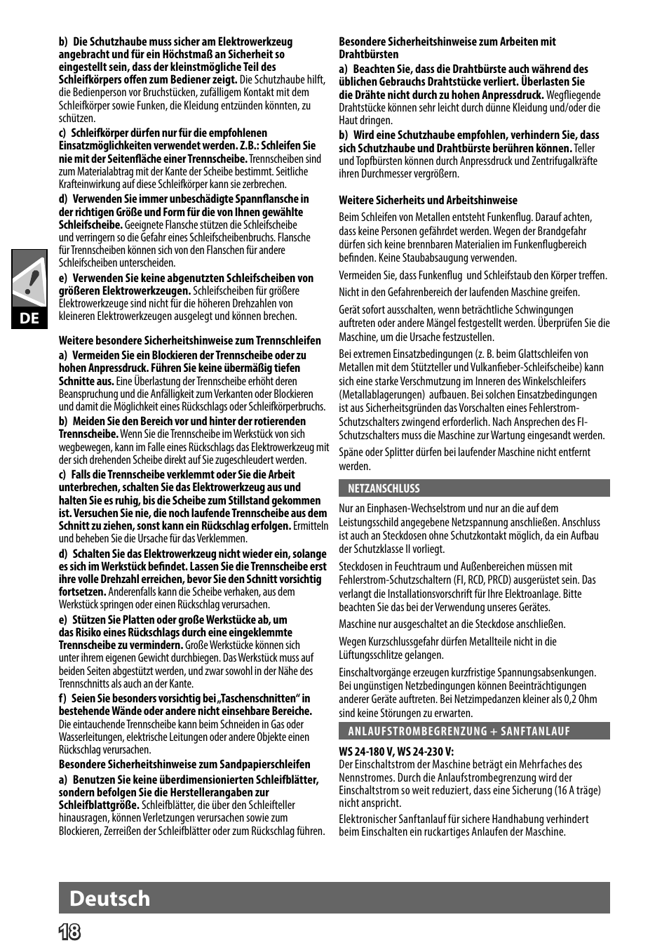 Deutsch | AEG WS 24-180 User Manual | Page 20 / 126