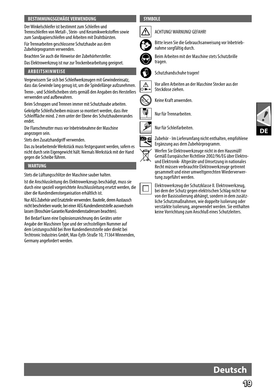 Deutsch | AEG WS 24-180 User Manual | Page 21 / 126