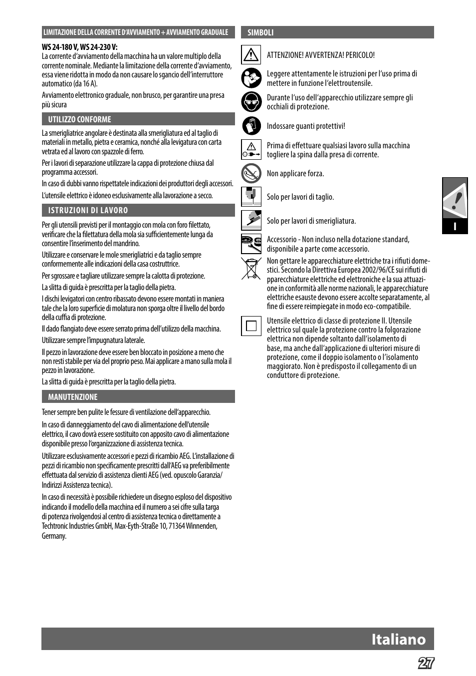 Deutsch, Italiano | AEG WS 24-180 User Manual | Page 29 / 126