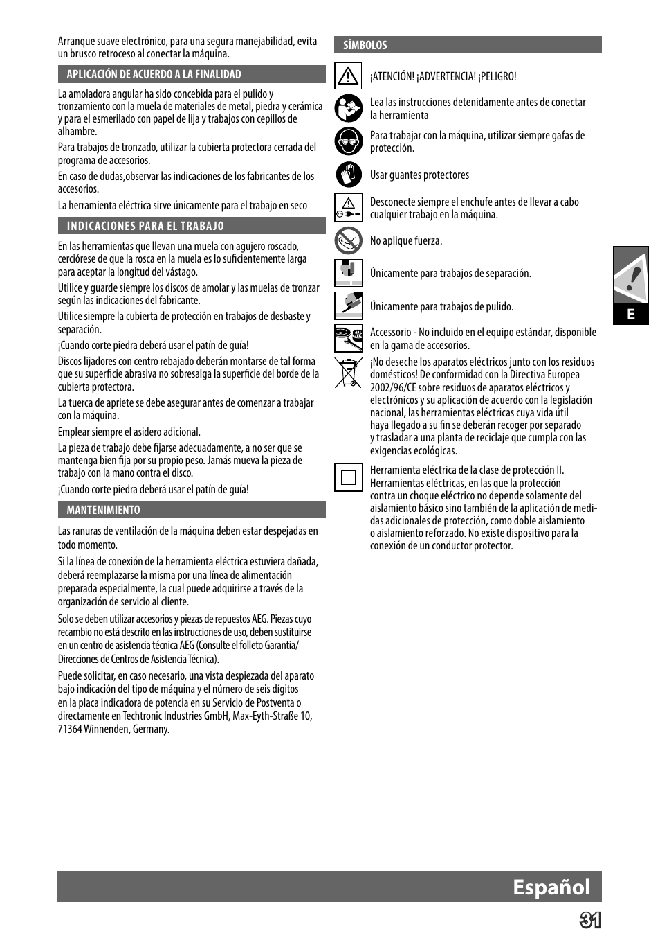 Deutsch, Español | AEG WS 24-180 User Manual | Page 33 / 126