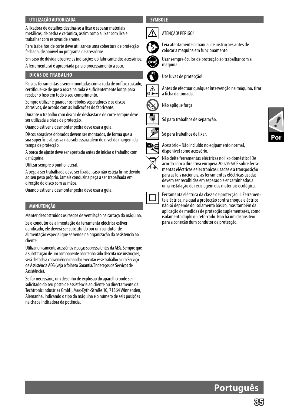 Deutsch, Português | AEG WS 24-180 User Manual | Page 37 / 126