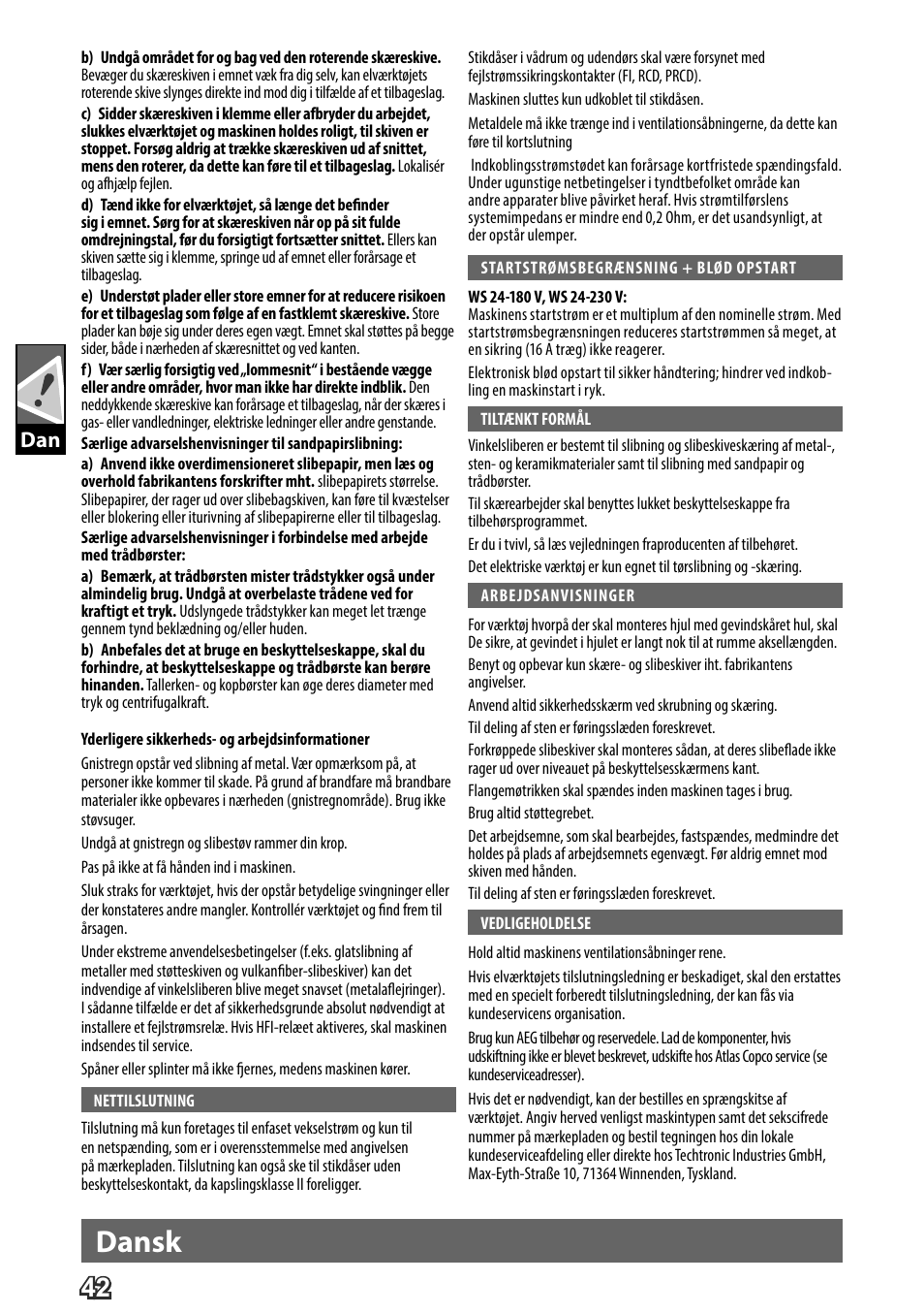 Deutsch, Dansk | AEG WS 24-180 User Manual | Page 44 / 126