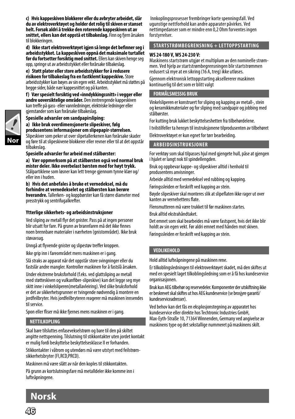 Deutsch, Norsk | AEG WS 24-180 User Manual | Page 48 / 126