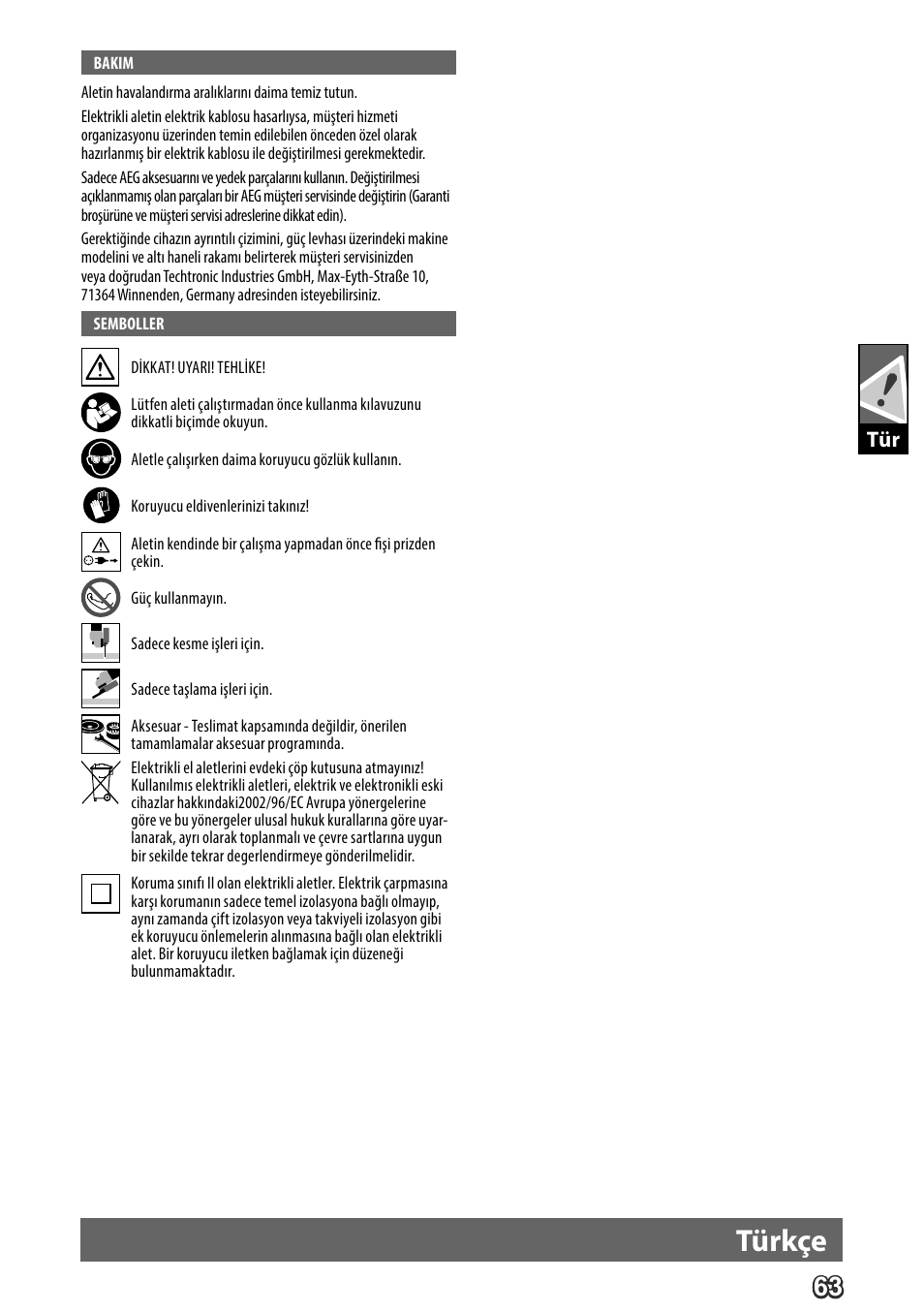 Deutsch, Türkçe | AEG WS 24-180 User Manual | Page 65 / 126