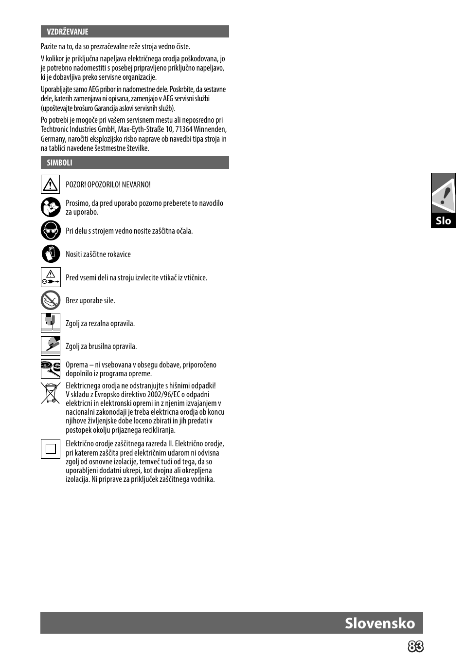 Deutsch, Slovensko | AEG WS 24-180 User Manual | Page 85 / 126