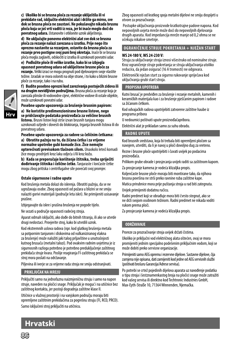 Deutsch, Hrvatski | AEG WS 24-180 User Manual | Page 88 / 126