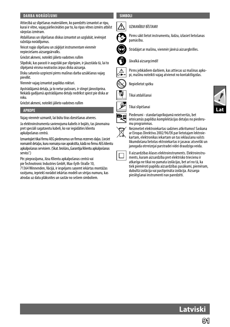 Deutsch, Latviski | AEG WS 24-180 User Manual | Page 93 / 126
