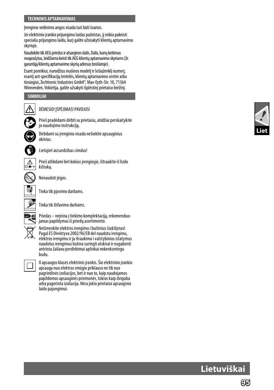 Deutsch, Lietuviškai | AEG WS 24-180 User Manual | Page 97 / 126