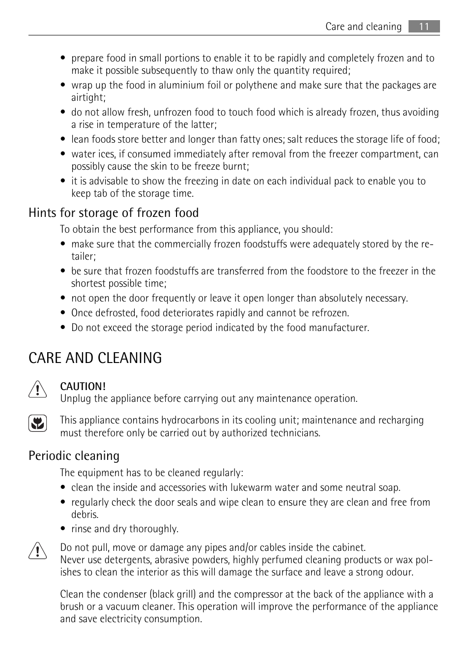 Care and cleaning, Hints for storage of frozen food, Periodic cleaning | AEG SWD81800L1 User Manual | Page 11 / 48