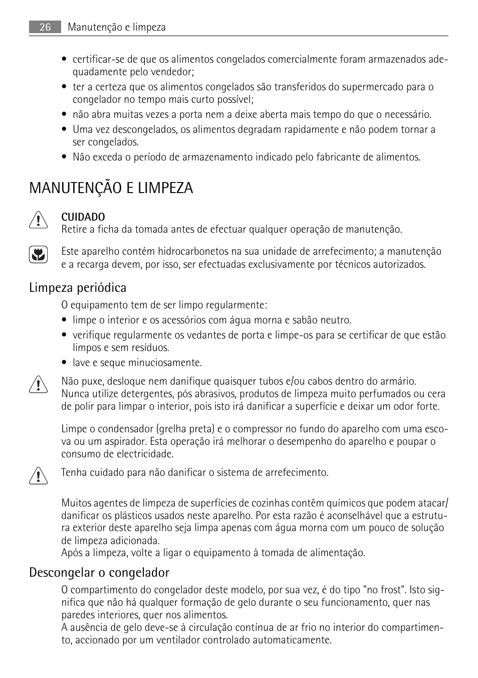 Manutenção e limpeza, Limpeza periódica, Descongelar o congelador | AEG SWD81800L1 User Manual | Page 26 / 48