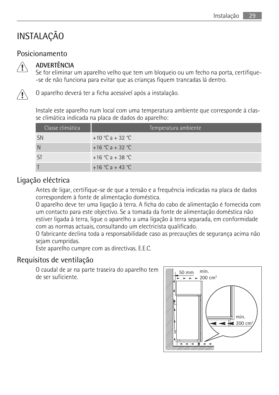 Instalação, Posicionamento, Ligação eléctrica | Requisitos de ventilação | AEG SWD81800L1 User Manual | Page 29 / 48
