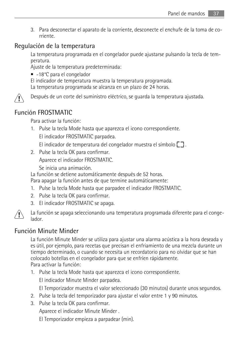 Regulación de la temperatura, Función frostmatic, Función minute minder | AEG SWD81800L1 User Manual | Page 37 / 48
