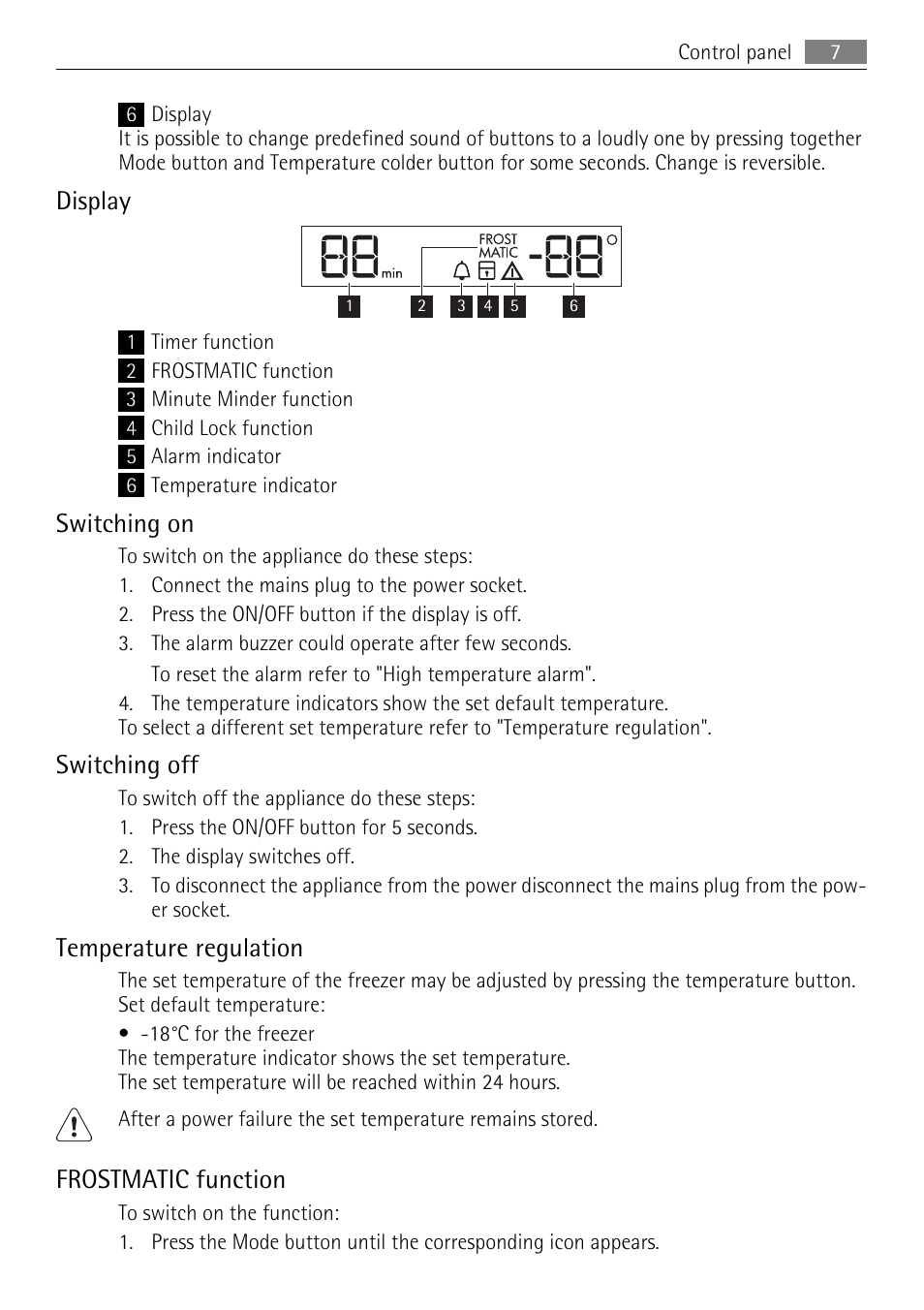 Display, Switching on, Switching off | Temperature regulation, Frostmatic function | AEG SWD81800L1 User Manual | Page 7 / 48