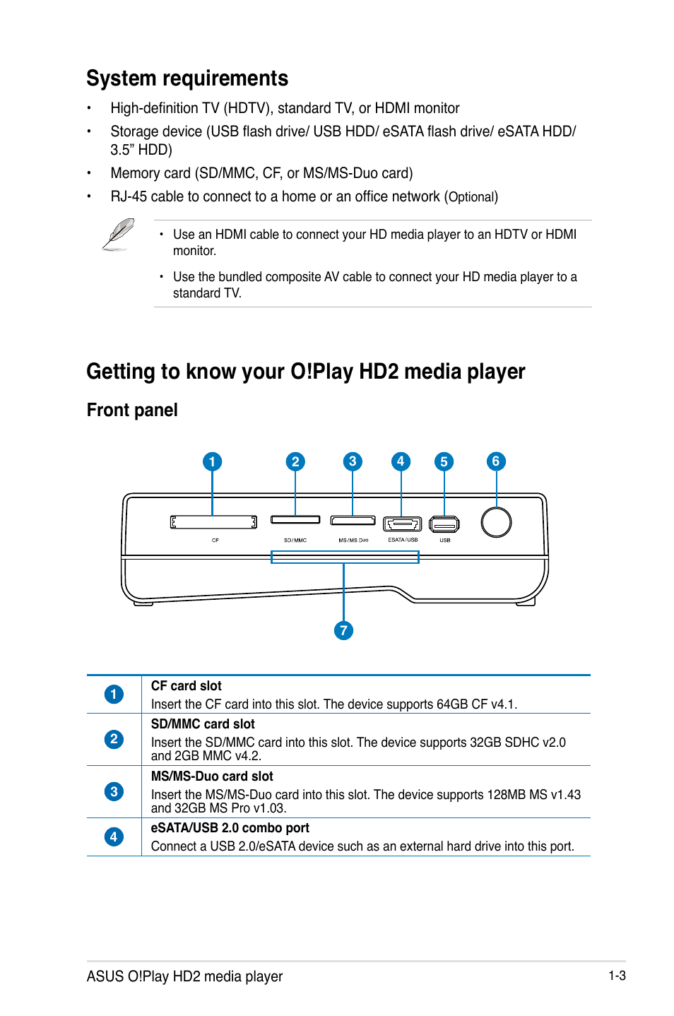 System requirements, Getting to know your o!play hd2 media player, Front panel | Front panel -3 | Asus O!PLAY HD2 E5763 User Manual | Page 11 / 76