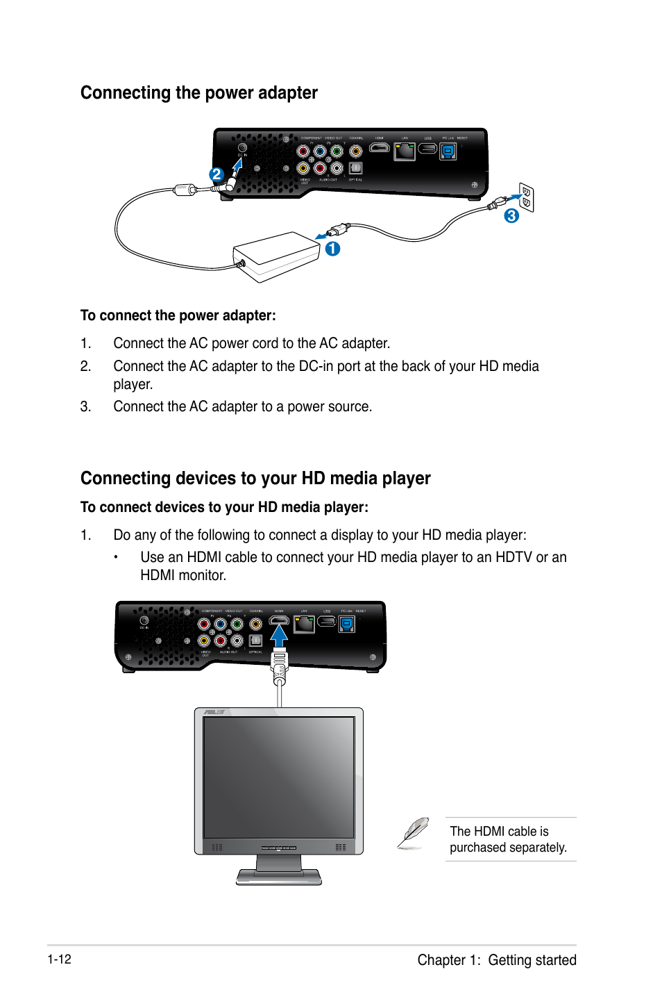 Connecting the power adapter, Connecting devices to your hd media player | Asus O!PLAY HD2 E5763 User Manual | Page 20 / 76