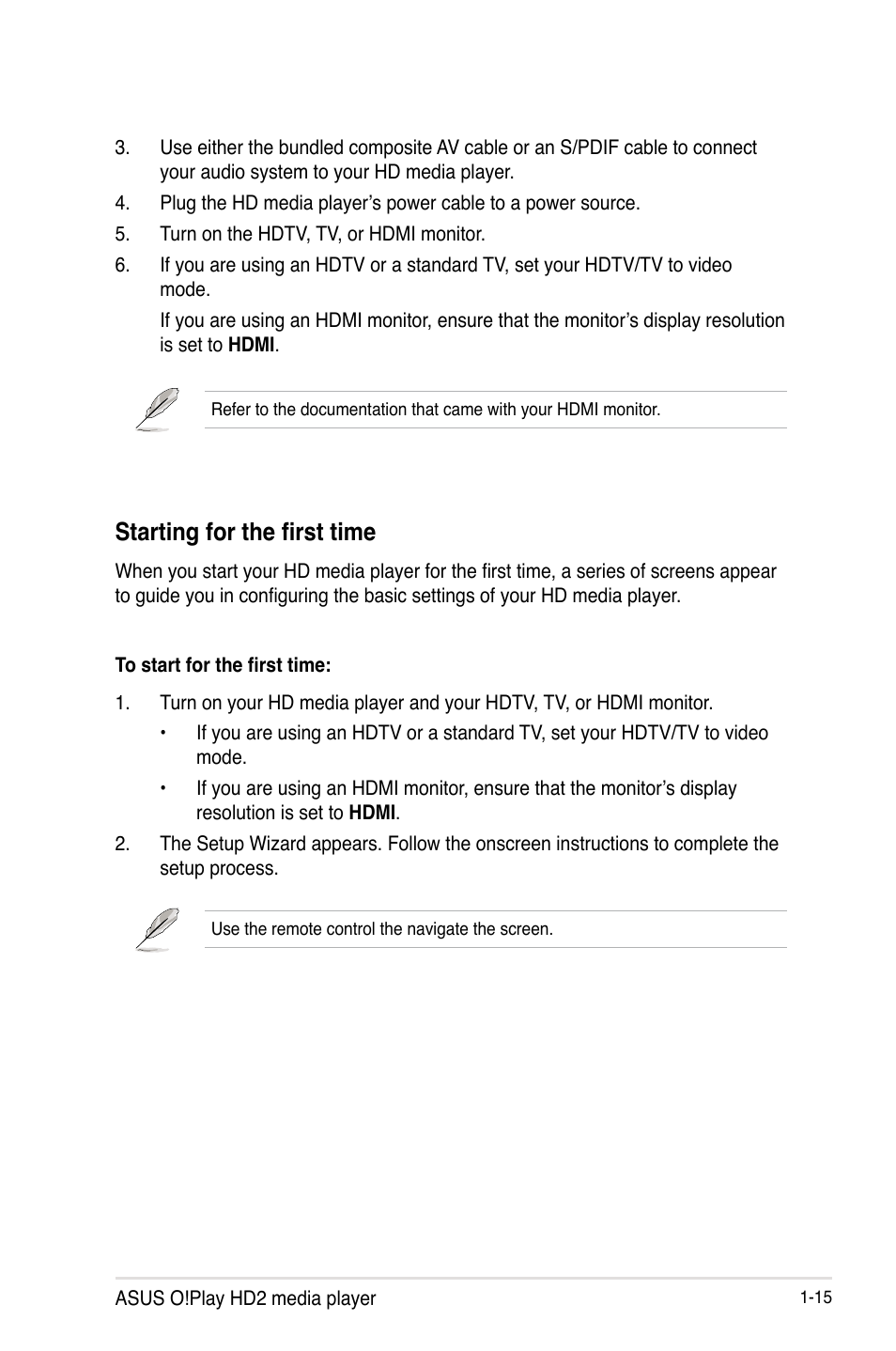 Starting for the first time, Starting for the first time -15 | Asus O!PLAY HD2 E5763 User Manual | Page 23 / 76