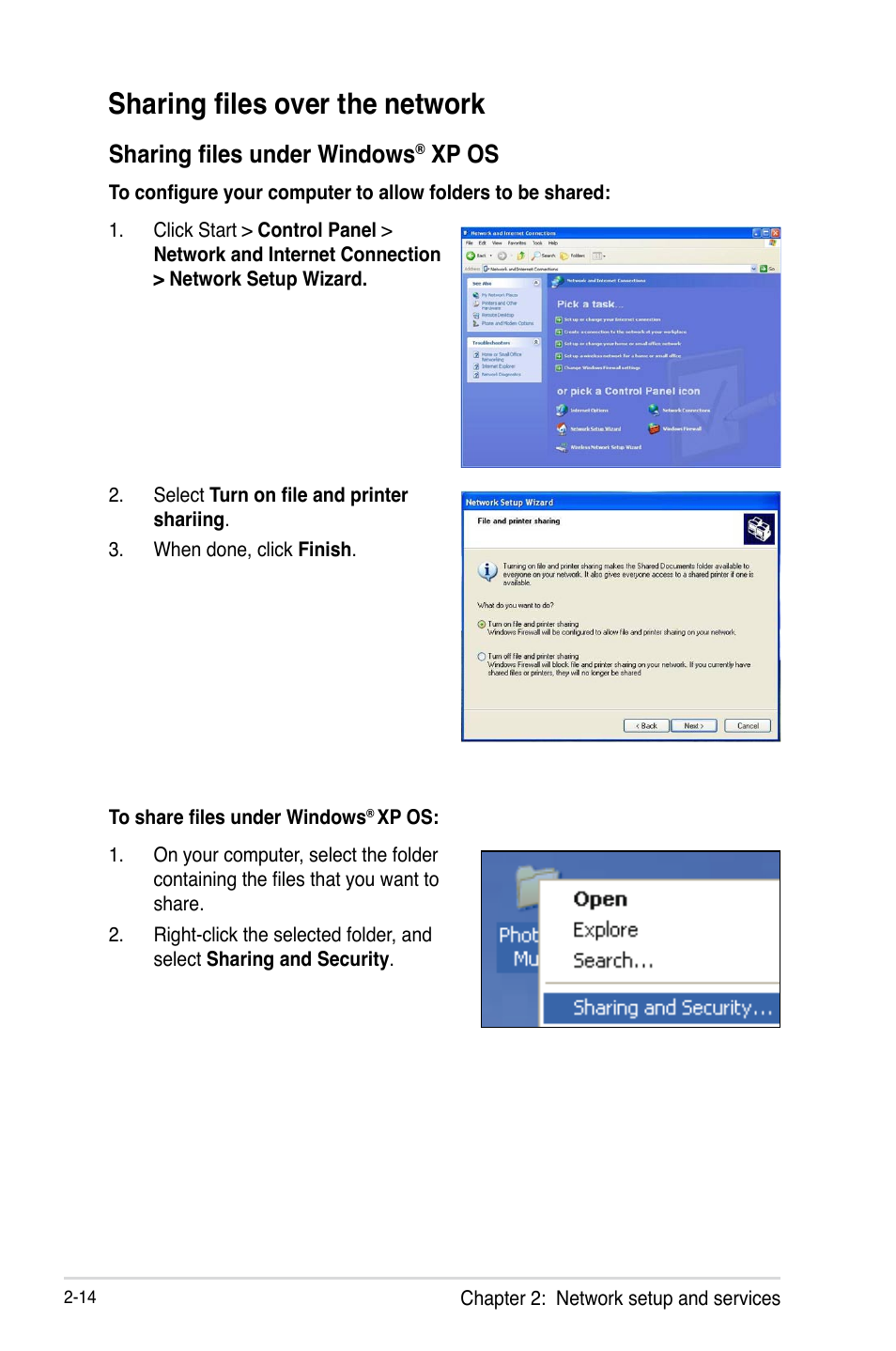 Sharing files over the network, Sharing files under windows® xp os, Sharing files over the network -14 | Sharing files under windows, Xp os -14, Xp os | Asus O!PLAY HD2 E5763 User Manual | Page 38 / 76