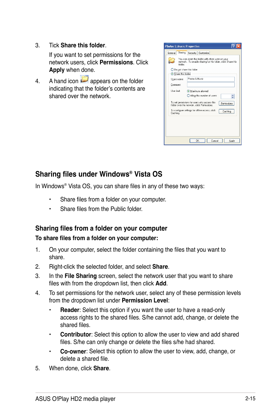 Sharing files under windows® vista os, Sharing files under windows, Vista os -15 | Vista os | Asus O!PLAY HD2 E5763 User Manual | Page 39 / 76