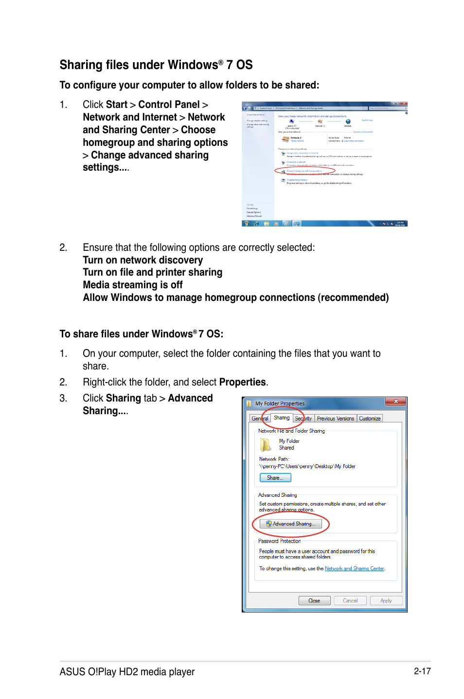 Sharing files under windows® 7 os, Sharing files under windows, 7 os -17 | 7 os | Asus O!PLAY HD2 E5763 User Manual | Page 41 / 76