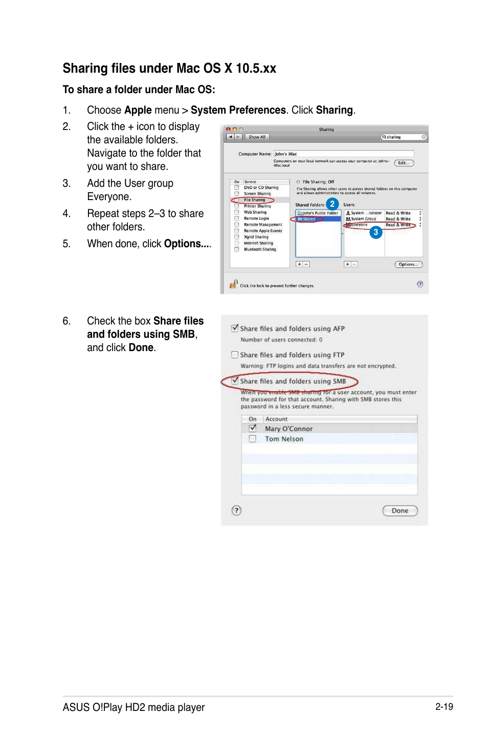 Sharing files under mac os x 10.5.xx, Sharing files under mac os x 10.5.xx -19 | Asus O!PLAY HD2 E5763 User Manual | Page 43 / 76