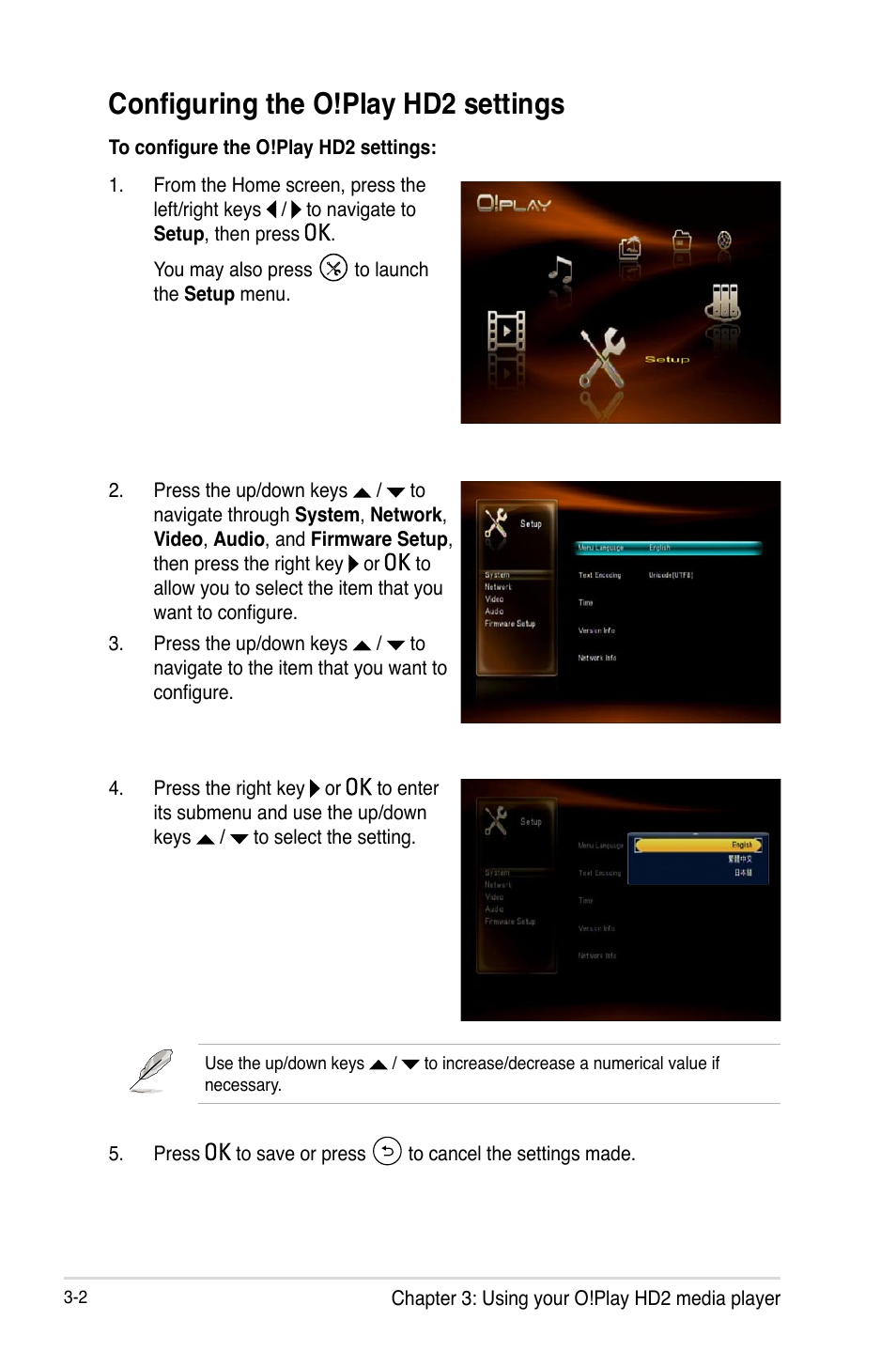 Configuring the o!play hd2 settings, Configuring the o!play hd2 settings -2 | Asus O!PLAY HD2 E5763 User Manual | Page 46 / 76