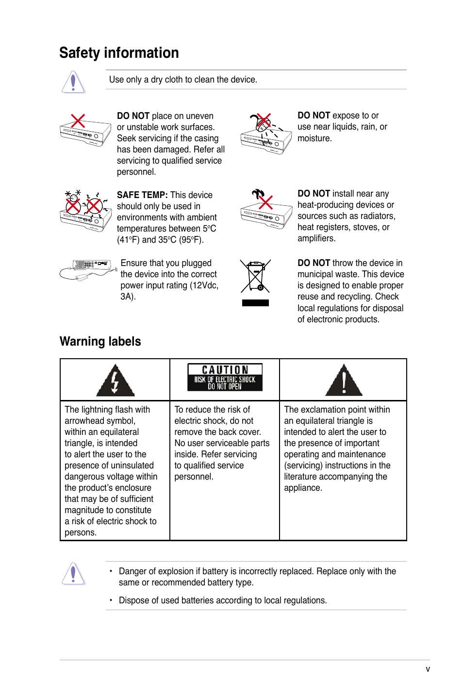 Safety information, Warning labels | Asus O!PLAY HD2 E5763 User Manual | Page 5 / 76