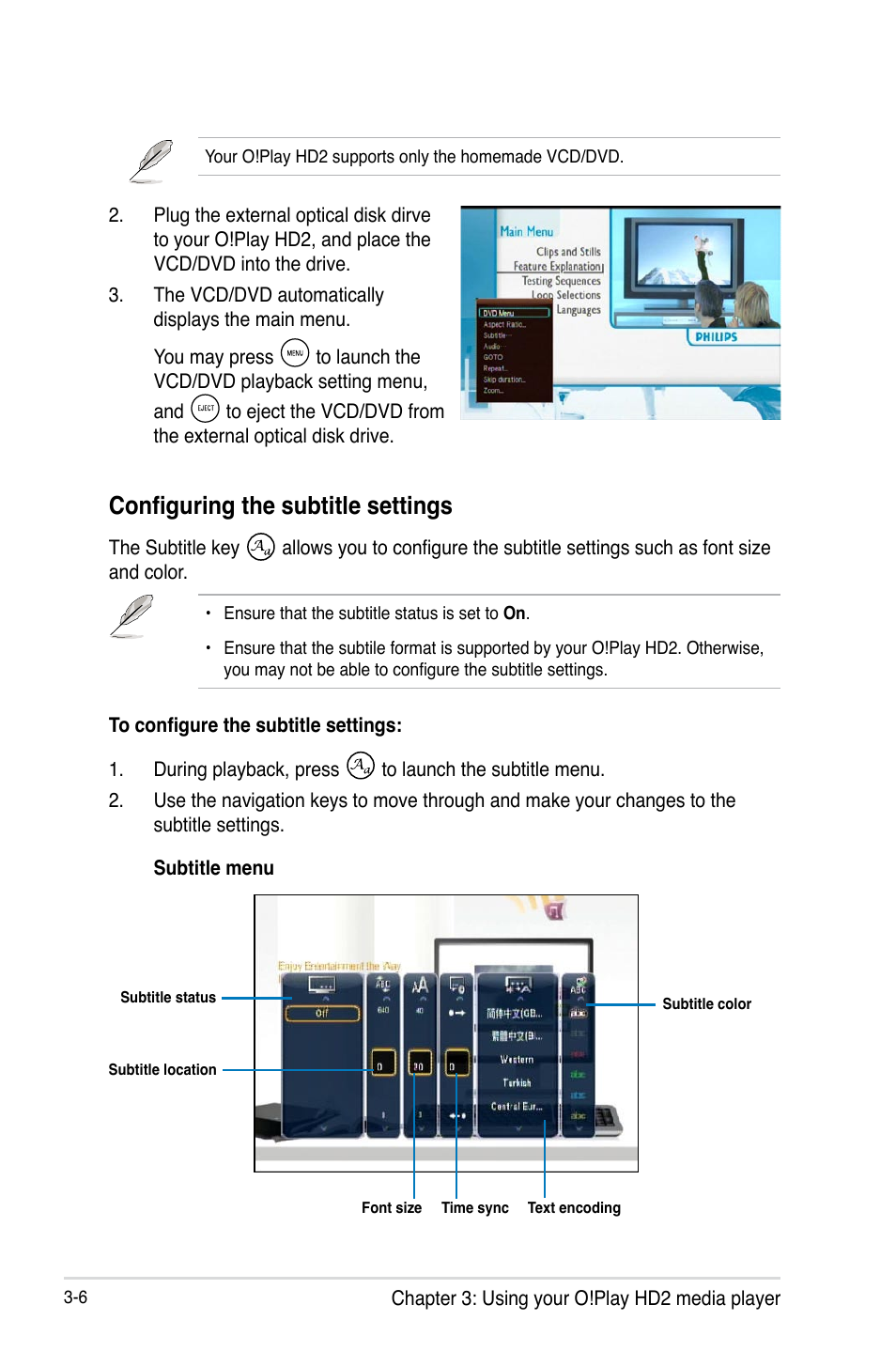 Configuring the subtitle settings, Configuring the subtitle settings -6 | Asus O!PLAY HD2 E5763 User Manual | Page 50 / 76