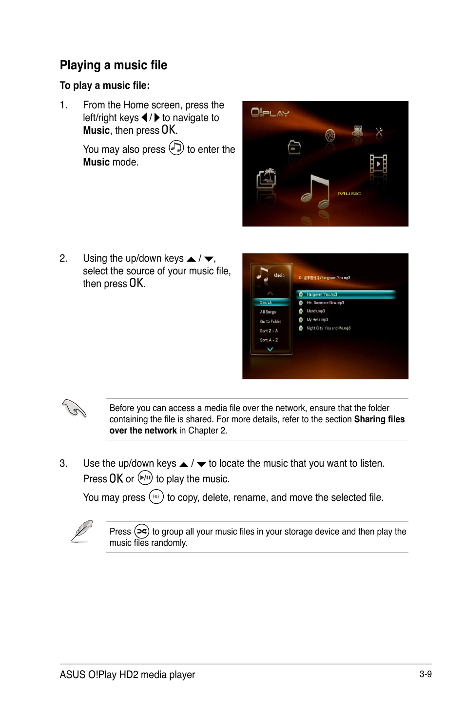 Playing a music file, Playing a music file -9 | Asus O!PLAY HD2 E5763 User Manual | Page 53 / 76