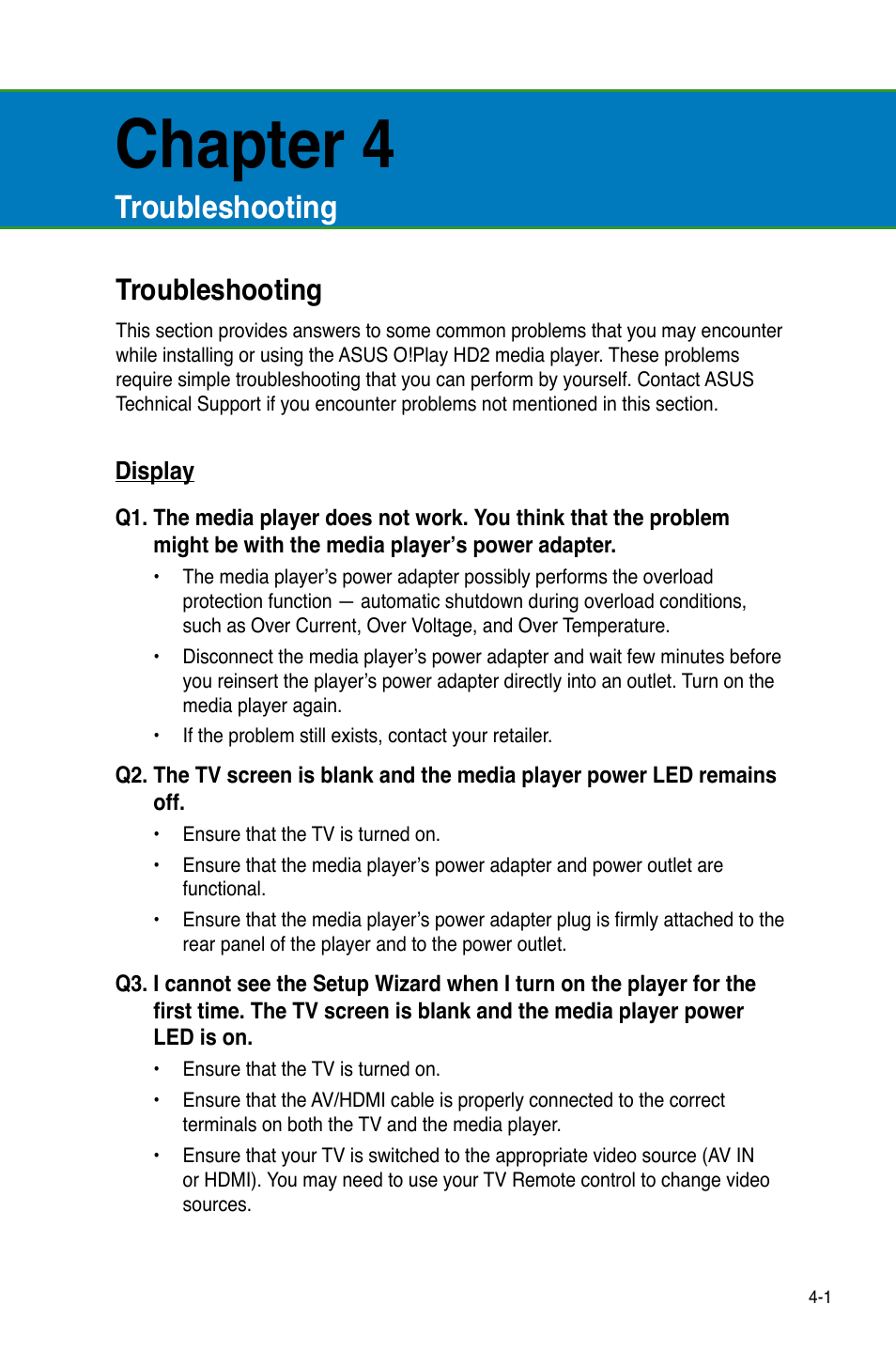 Chapter 4, Troubleshooting, Display | Troubleshooting -1, Display -1 | Asus O!PLAY HD2 E5763 User Manual | Page 63 / 76