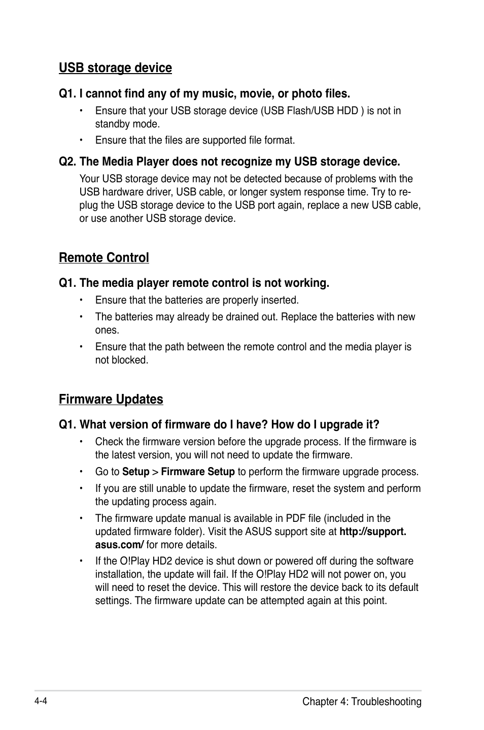 Usb storage device, Remote control, Firmware updates | Asus O!PLAY HD2 E5763 User Manual | Page 66 / 76