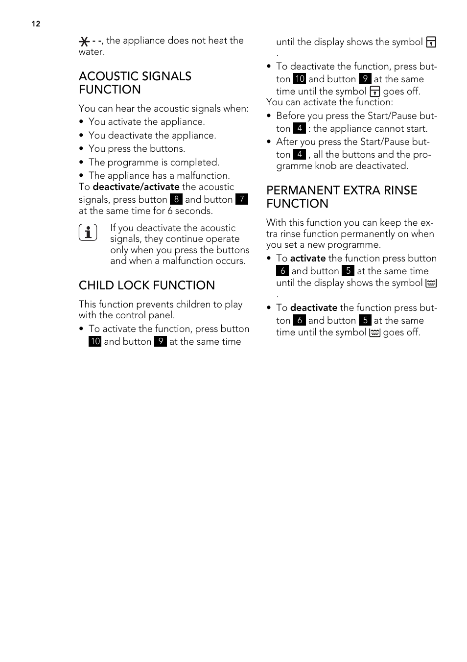 Acoustic signals function, Child lock function, Permanent extra rinse function | AEG L85275XFL User Manual | Page 12 / 76
