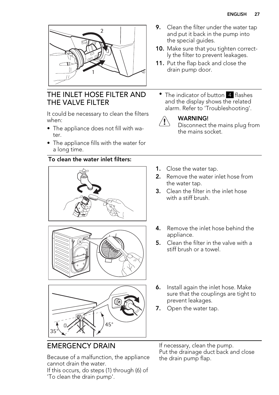 The inlet hose filter and the valve filter, Emergency drain | AEG L85275XFL User Manual | Page 27 / 76