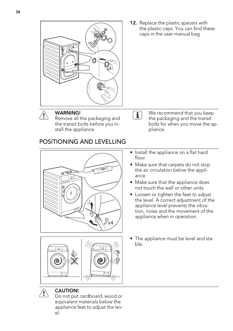 Positioning and levelling | AEG L85275XFL User Manual | Page 34 / 76