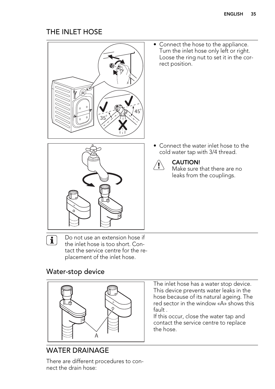 The inlet hose, Water-stop device, Water drainage | AEG L85275XFL User Manual | Page 35 / 76