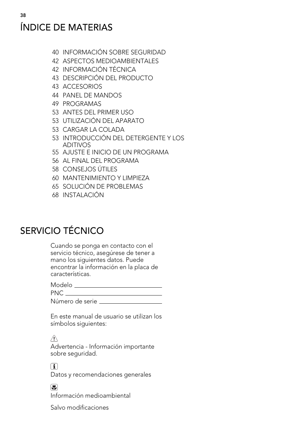 Servicio técnico, Índice de materias | AEG L85275XFL User Manual | Page 38 / 76