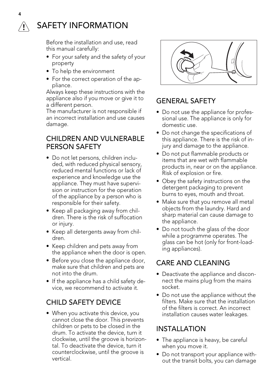 Safety information, Children and vulnerable person safety, Child safety device | General safety, Care and cleaning, Installation | AEG L85275XFL User Manual | Page 4 / 76