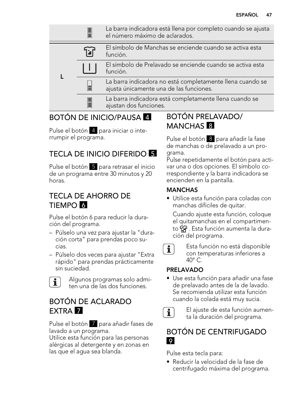 Botón de inicio/pausa, Tecla de inicio diferido, Tecla de ahorro de tiempo | Botón de aclarado extra, Botón prelavado/ manchas, Botón de centrifugado | AEG L85275XFL User Manual | Page 47 / 76