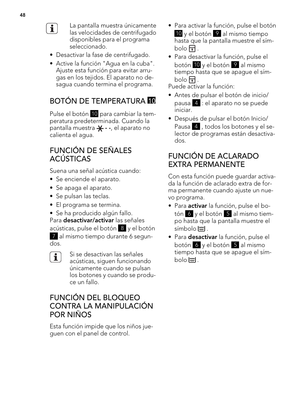 Botón de temperatura, Función de señales acústicas, Función de aclarado extra permanente | AEG L85275XFL User Manual | Page 48 / 76