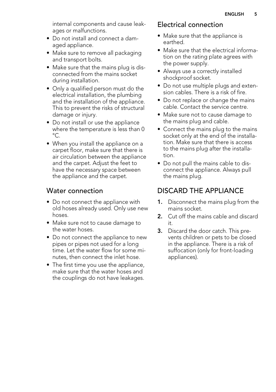 Water connection, Electrical connection, Discard the appliance | AEG L85275XFL User Manual | Page 5 / 76